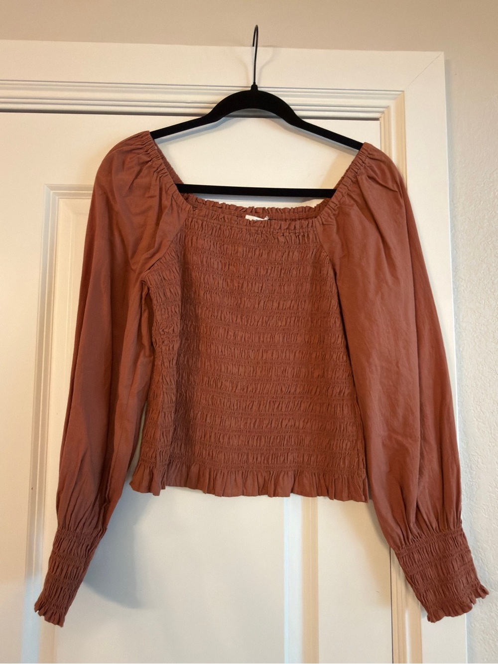 Madewell Rust Smocked Square-Neck Blouse